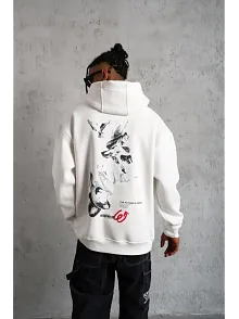 Erkek 3 İplik Pamuklu Kapüşonlu Baskılı Cepli Oversize Sweatshirt Hoodie - Beyaz