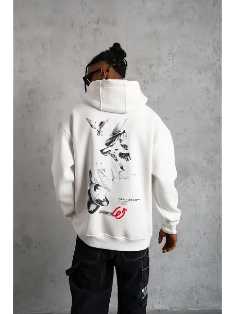 Erkek 3 İplik Pamuklu Kapüşonlu Baskılı Cepli Oversize Sweatshirt Hoodie - Beyaz