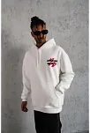 Erkek 3 İplik Pamuklu Kapüşonlu Baskılı Cepli Oversize Sweatshirt Hoodie - Beyaz
