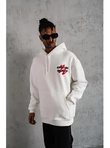Erkek 3 İplik Pamuklu Kapüşonlu Baskılı Cepli Oversize Sweatshirt Hoodie - Beyaz