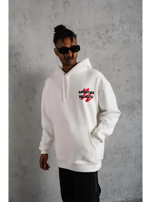 Erkek 3 İplik Pamuklu Kapüşonlu Baskılı Cepli Oversize Sweatshirt Hoodie - Beyaz