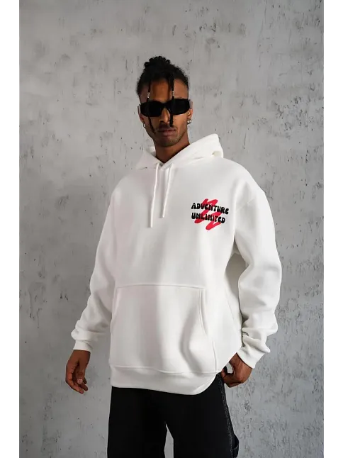 Erkek 3 İplik Pamuklu Kapüşonlu Baskılı Cepli Oversize Sweatshirt Hoodie - Beyaz