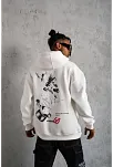 Erkek 3 İplik Pamuklu Kapüşonlu Baskılı Cepli Oversize Sweatshirt Hoodie - Beyaz