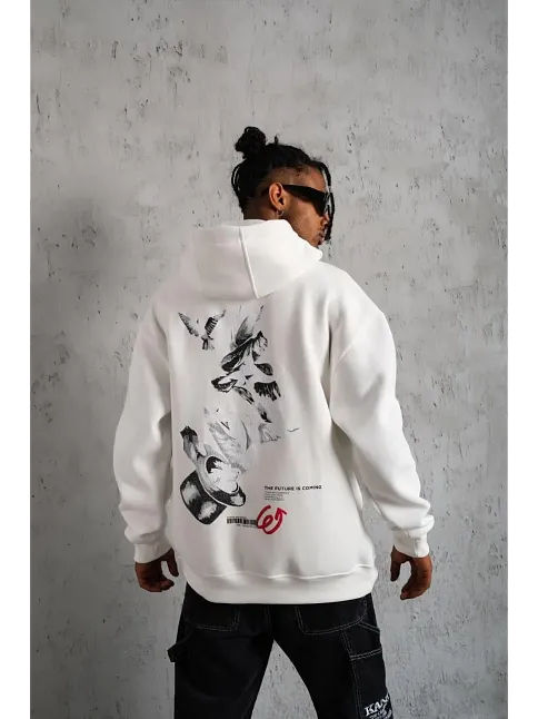 Erkek 3 İplik Pamuklu Kapüşonlu Baskılı Cepli Oversize Sweatshirt Hoodie - Beyaz