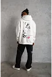 Erkek 3 İplik Pamuklu Kapüşonlu Baskılı Cepli Oversize Sweatshirt Hoodie - Beyaz