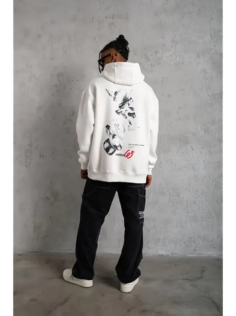 Erkek 3 İplik Pamuklu Kapüşonlu Baskılı Cepli Oversize Sweatshirt Hoodie - Beyaz