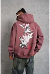 Erkek 3 İplik Pamuklu Kapüşonlu Baskılı Cepli Oversize Sweatshirt Hoodie - Gül Kurusu