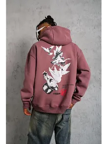 Erkek 3 İplik Pamuklu Kapüşonlu Baskılı Cepli Oversize Sweatshirt Hoodie - Gül Kurusu