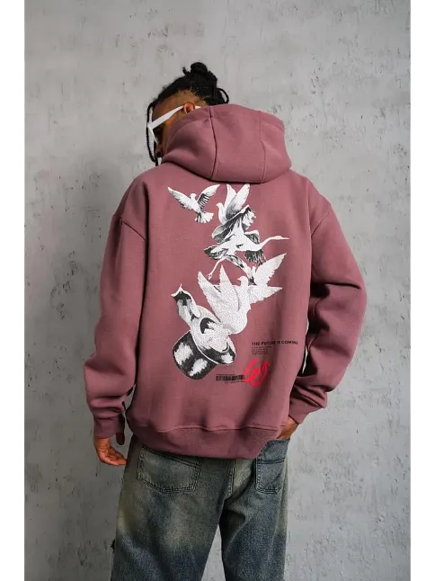 Erkek 3 İplik Pamuklu Kapüşonlu Baskılı Cepli Oversize Sweatshirt Hoodie - Gül Kurusu