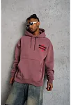 Erkek 3 İplik Pamuklu Kapüşonlu Baskılı Cepli Oversize Sweatshirt Hoodie - Gül Kurusu