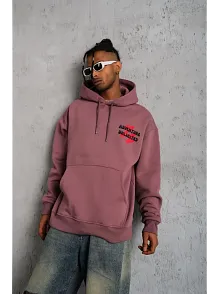 Erkek 3 İplik Pamuklu Kapüşonlu Baskılı Cepli Oversize Sweatshirt Hoodie - Gül Kurusu