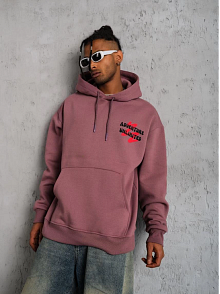 Erkek 3 İplik Pamuklu Kapüşonlu Baskılı Cepli Oversize Sweatshirt Hoodie - Gül Kurusu