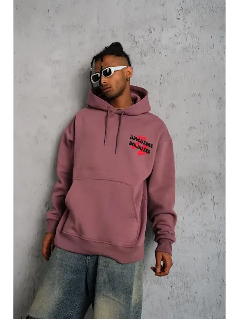 Erkek 3 İplik Pamuklu Kapüşonlu Baskılı Cepli Oversize Sweatshirt Hoodie - Gül Kurusu