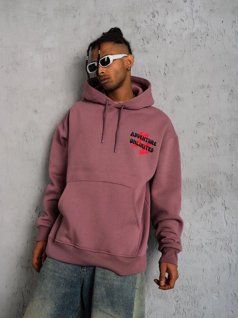 Erkek 3 İplik Pamuklu Kapüşonlu Baskılı Cepli Oversize Sweatshirt Hoodie - Gül Kurusu