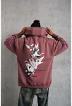 Erkek 3 İplik Pamuklu Kapüşonlu Baskılı Cepli Oversize Sweatshirt Hoodie - Gül Kurusu
