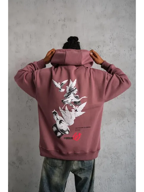 Erkek 3 İplik Pamuklu Kapüşonlu Baskılı Cepli Oversize Sweatshirt Hoodie - Gül Kurusu