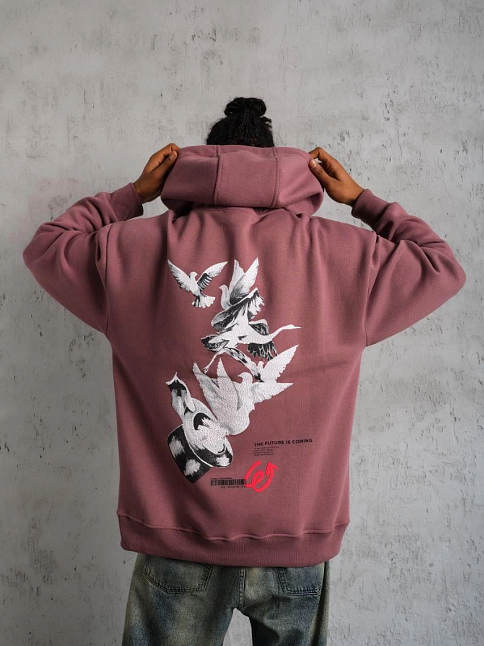 Erkek 3 İplik Pamuklu Kapüşonlu Baskılı Cepli Oversize Sweatshirt Hoodie - Gül Kurusu