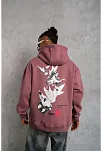Erkek 3 İplik Pamuklu Kapüşonlu Baskılı Cepli Oversize Sweatshirt Hoodie - Gül Kurusu