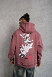 Erkek 3 İplik Pamuklu Kapüşonlu Baskılı Cepli Oversize Sweatshirt Hoodie - Gül Kurusu