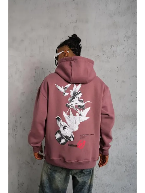 Erkek 3 İplik Pamuklu Kapüşonlu Baskılı Cepli Oversize Sweatshirt Hoodie - Gül Kurusu