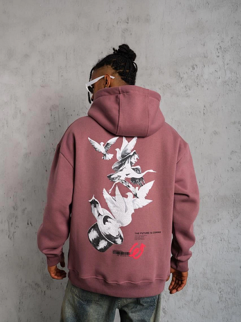 Erkek 3 İplik Pamuklu Kapüşonlu Baskılı Cepli Oversize Sweatshirt Hoodie - Gül Kurusu