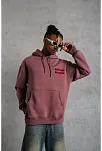 Erkek 3 İplik Pamuklu Kapüşonlu Baskılı Cepli Oversize Sweatshirt Hoodie - Gül Kurusu