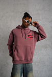 Erkek 3 İplik Pamuklu Kapüşonlu Baskılı Cepli Oversize Sweatshirt Hoodie - Gül Kurusu