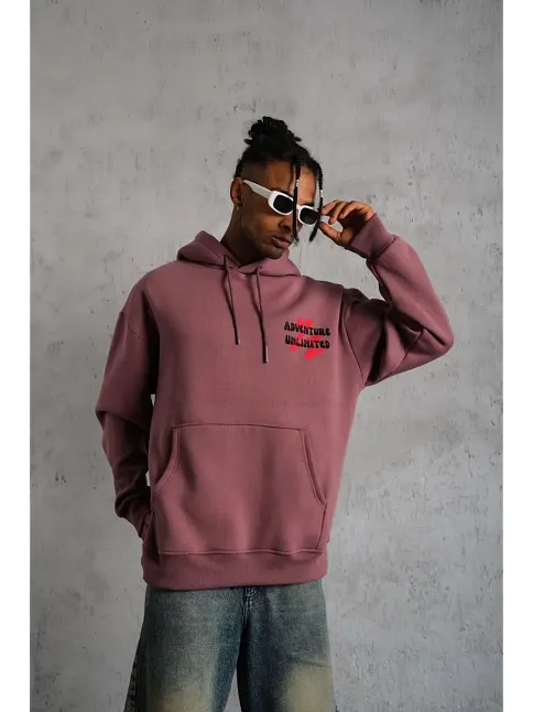 Erkek 3 İplik Pamuklu Kapüşonlu Baskılı Cepli Oversize Sweatshirt Hoodie - Gül Kurusu