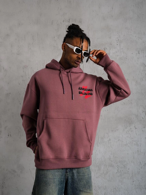 Erkek 3 İplik Pamuklu Kapüşonlu Baskılı Cepli Oversize Sweatshirt Hoodie - Gül Kurusu