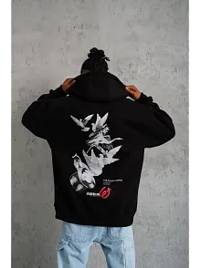 Erkek 3 İplik Pamuklu Kapüşonlu Baskılı Cepli Oversize Sweatshirt Hoodie - Siyah
