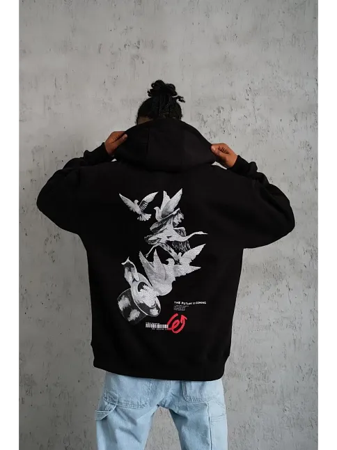 Erkek 3 İplik Pamuklu Kapüşonlu Baskılı Cepli Oversize Sweatshirt Hoodie - Siyah