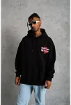 Erkek 3 İplik Pamuklu Kapüşonlu Baskılı Cepli Oversize Sweatshirt Hoodie - Siyah