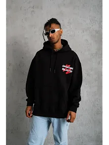 Erkek 3 İplik Pamuklu Kapüşonlu Baskılı Cepli Oversize Sweatshirt Hoodie - Siyah