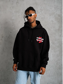 Erkek 3 İplik Pamuklu Kapüşonlu Baskılı Cepli Oversize Sweatshirt Hoodie - Siyah