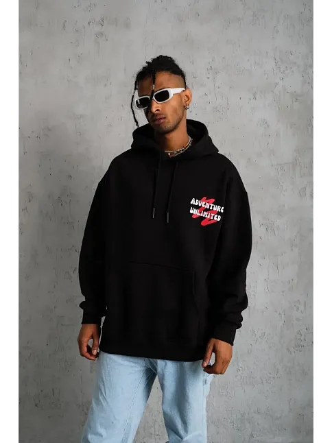 Erkek 3 İplik Pamuklu Kapüşonlu Baskılı Cepli Oversize Sweatshirt Hoodie - Siyah