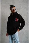 Erkek 3 İplik Pamuklu Kapüşonlu Baskılı Cepli Oversize Sweatshirt Hoodie - Siyah