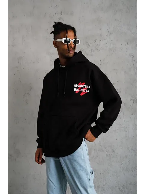 Erkek 3 İplik Pamuklu Kapüşonlu Baskılı Cepli Oversize Sweatshirt Hoodie - Siyah