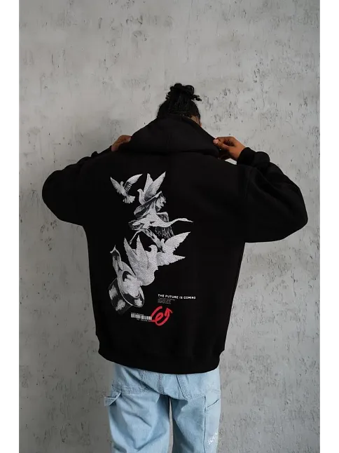Erkek 3 İplik Pamuklu Kapüşonlu Baskılı Cepli Oversize Sweatshirt Hoodie - Siyah
