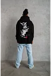 Erkek 3 İplik Pamuklu Kapüşonlu Baskılı Cepli Oversize Sweatshirt Hoodie - Siyah