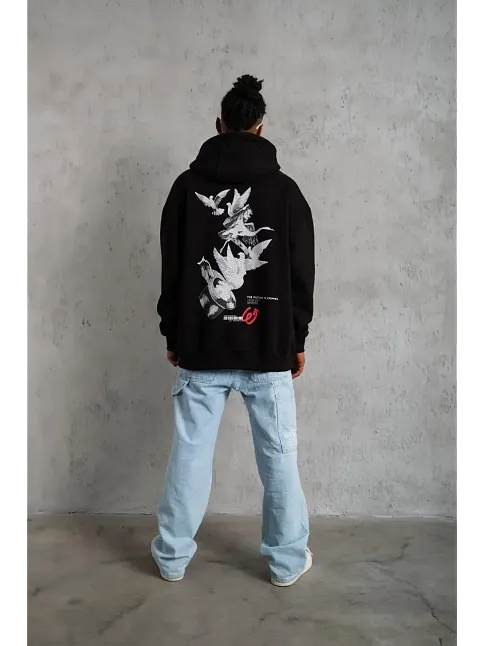 Erkek 3 İplik Pamuklu Kapüşonlu Baskılı Cepli Oversize Sweatshirt Hoodie - Siyah