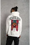 Erkek 3 İplik Pamuklu Kapüşonlu Baskılı Cepli Oversize Sweatshirt Hoodie - Beyaz