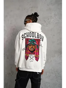 Erkek 3 İplik Pamuklu Kapüşonlu Baskılı Cepli Oversize Sweatshirt Hoodie - Beyaz