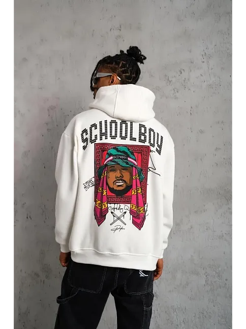 Erkek 3 İplik Pamuklu Kapüşonlu Baskılı Cepli Oversize Sweatshirt Hoodie - Beyaz