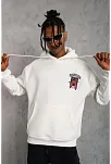 Erkek 3 İplik Pamuklu Kapüşonlu Baskılı Cepli Oversize Sweatshirt Hoodie - Beyaz