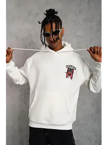 Erkek 3 İplik Pamuklu Kapüşonlu Baskılı Cepli Oversize Sweatshirt Hoodie - Beyaz