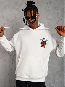Erkek 3 İplik Pamuklu Kapüşonlu Baskılı Cepli Oversize Sweatshirt Hoodie - Beyaz