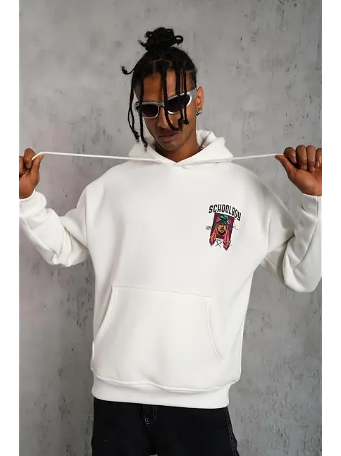 Erkek 3 İplik Pamuklu Kapüşonlu Baskılı Cepli Oversize Sweatshirt Hoodie - Beyaz