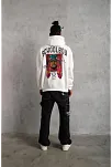 Erkek 3 İplik Pamuklu Kapüşonlu Baskılı Cepli Oversize Sweatshirt Hoodie - Beyaz