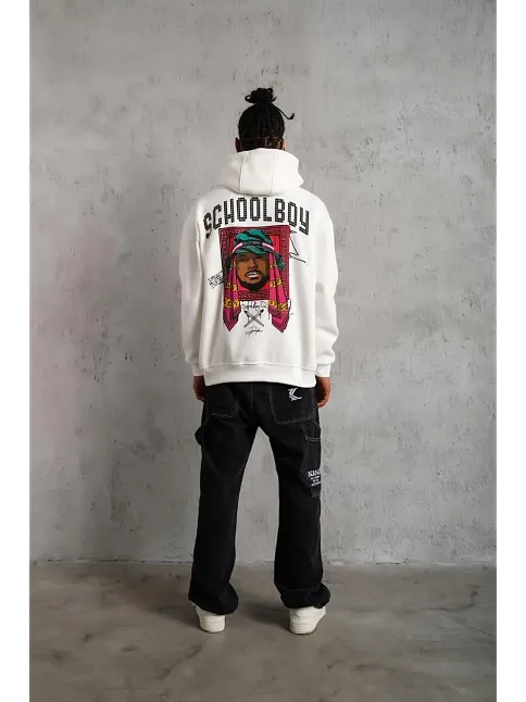 Erkek 3 İplik Pamuklu Kapüşonlu Baskılı Cepli Oversize Sweatshirt Hoodie - Beyaz