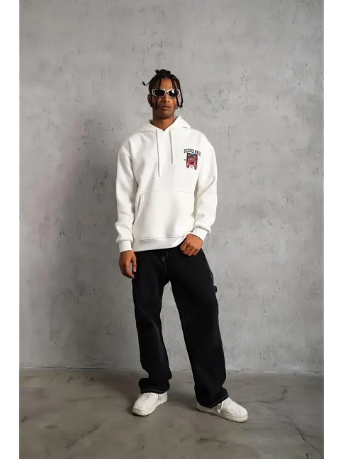 Erkek 3 İplik Pamuklu Kapüşonlu Baskılı Cepli Oversize Sweatshirt Hoodie - Beyaz